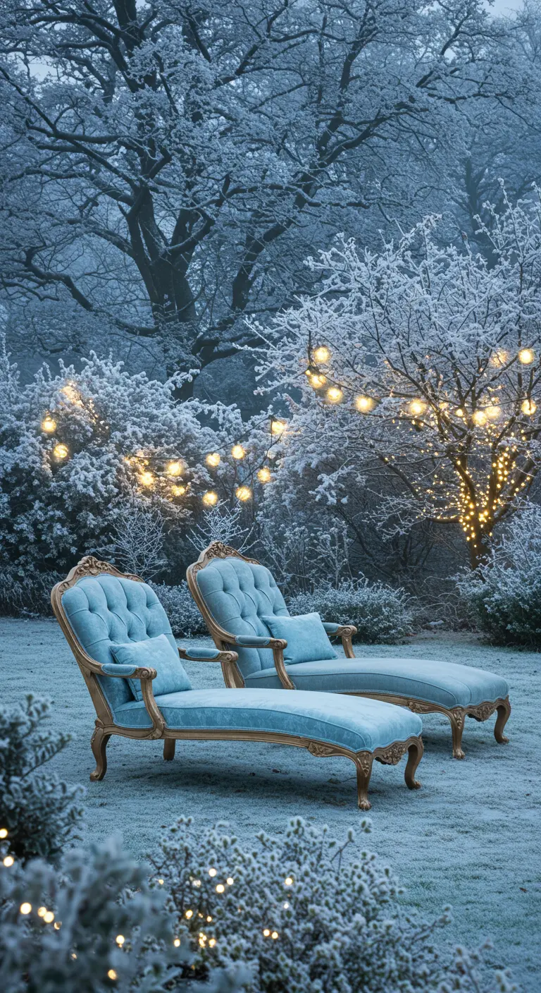 Two light blue Rococo-style chaises on a frosted lawn with glowing lights in the trees.