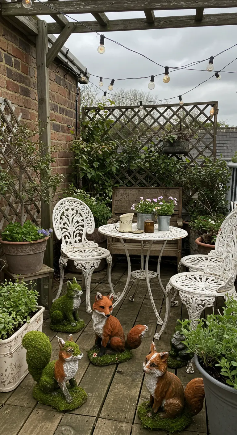 A patio with white bistro furniture surrounded by charming moss and resin fox and squirrel statues.
