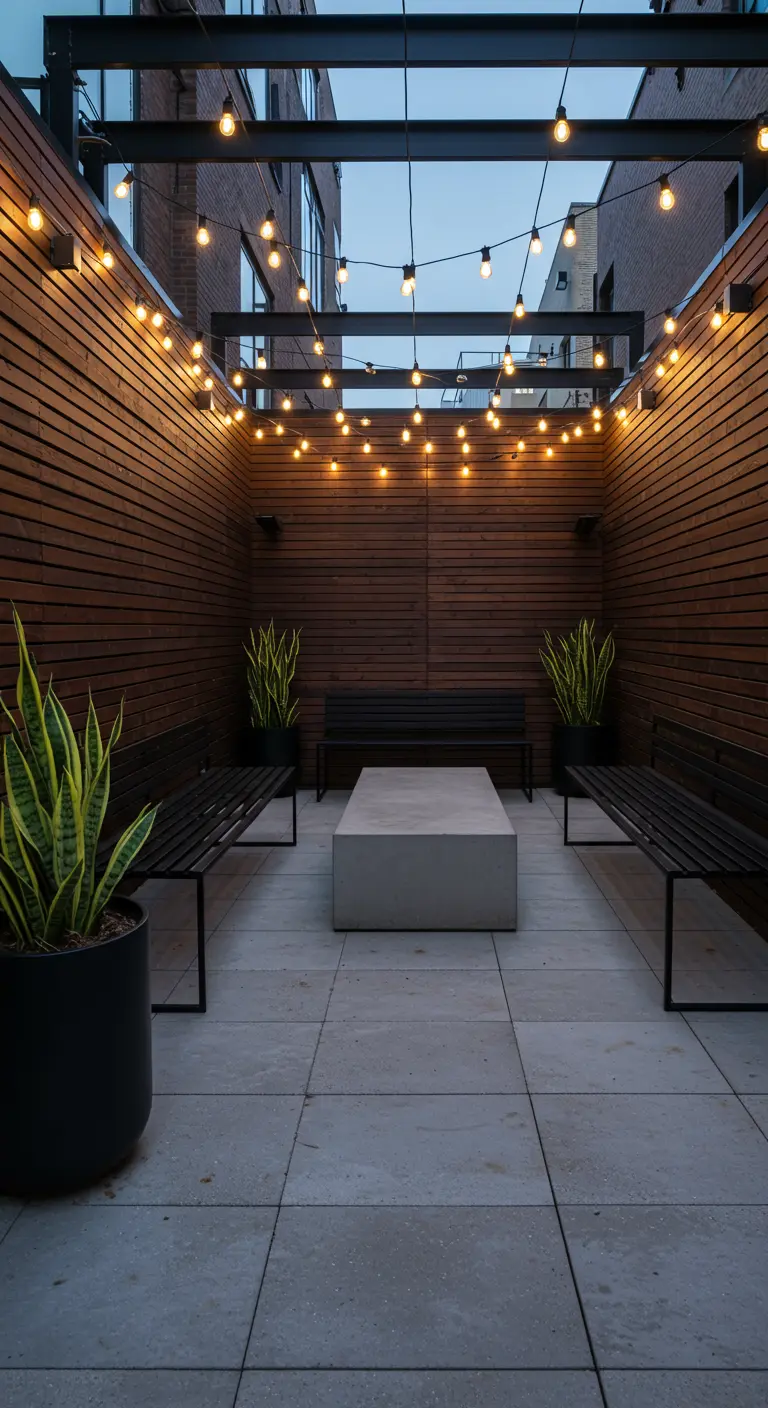 A modern patio with wood-slat walls, black benches, and overhead string lights.