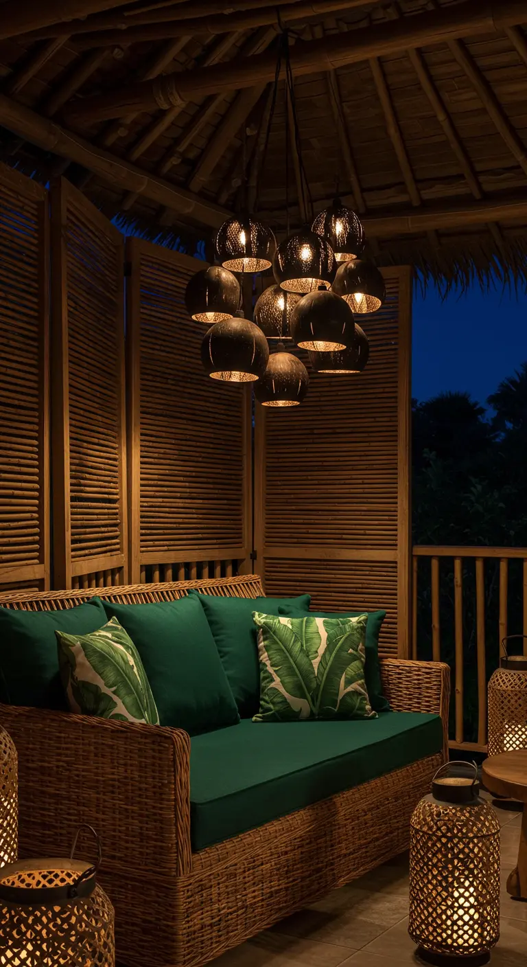 A dark, cozy enclosed balcony with a green-cushioned sofa and bamboo blinds.
