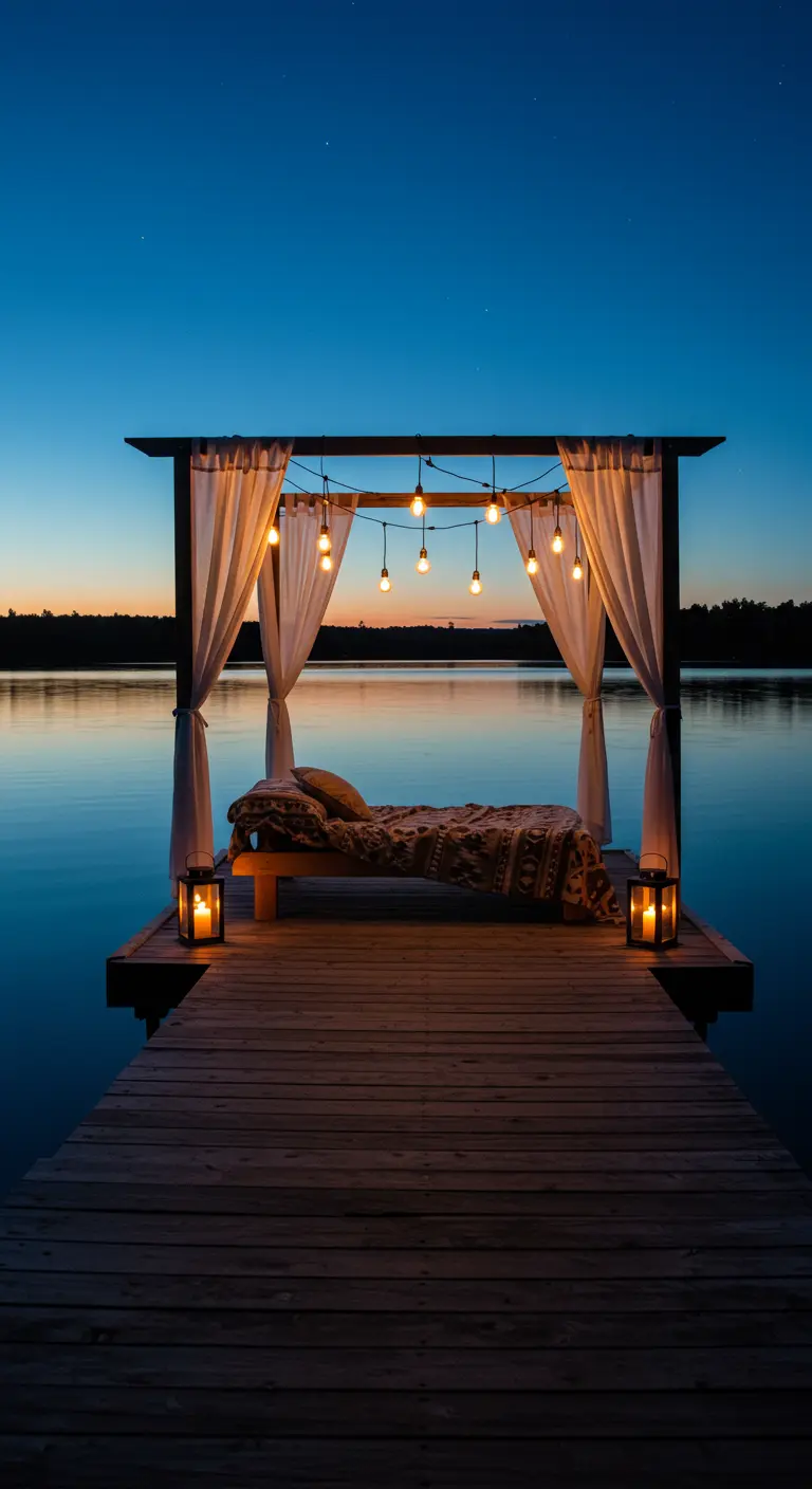 A daybed on a wooden dock at dusk, with curtains, lights, and lanterns over calm water.