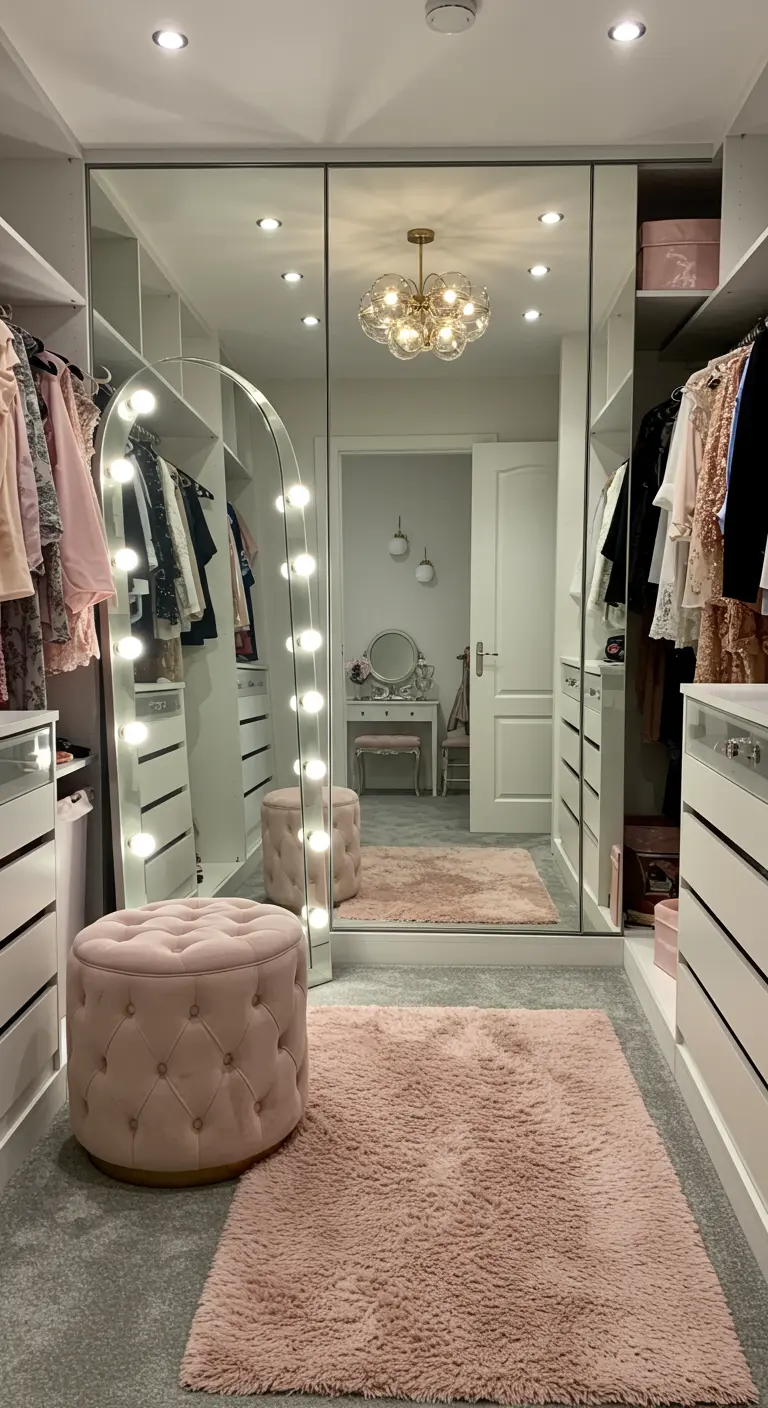 Walk-in closet with mirrored doors, a pink shag rug, and a large arched vanity mirror with lights.