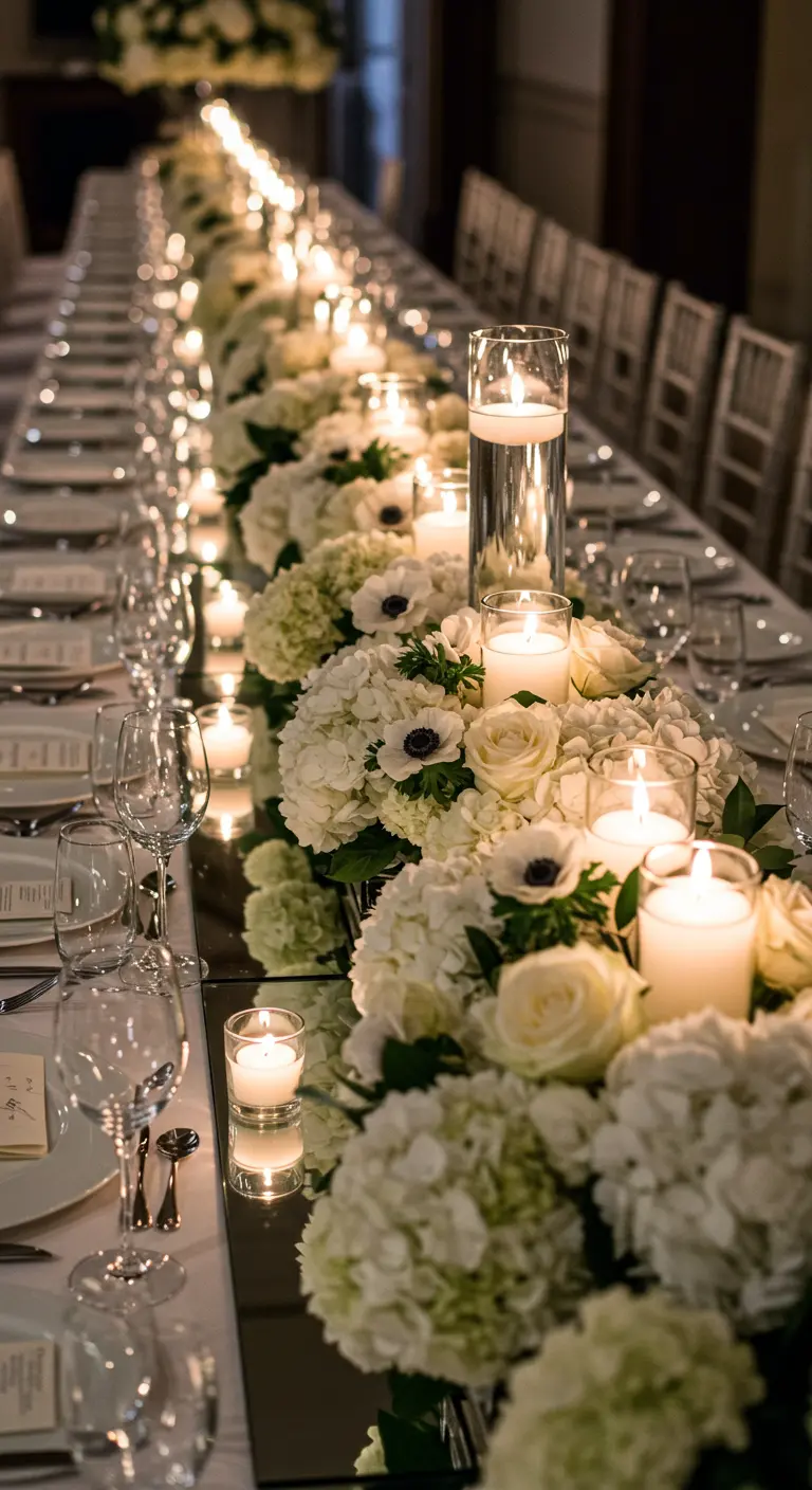 A long mirrored runner reflecting dense white floral arrangements and countless candles.