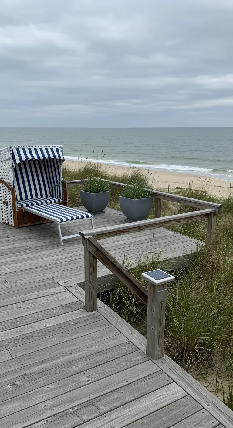 A striped, hooded wicker sunbed on a weathered beach deck overlooking the ocean.