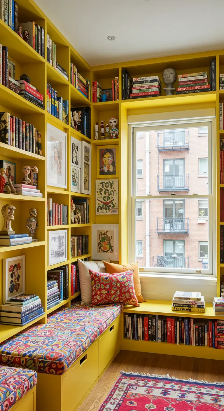 A reading nook with bright yellow bookshelves filled with art, books, and colorful pillows.