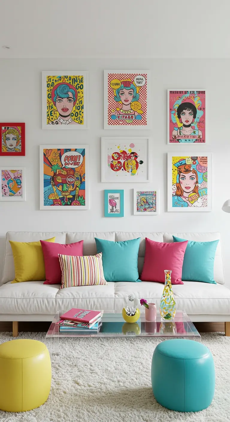 A gallery wall of colorful Pop Art portraits in white frames above a white sofa.