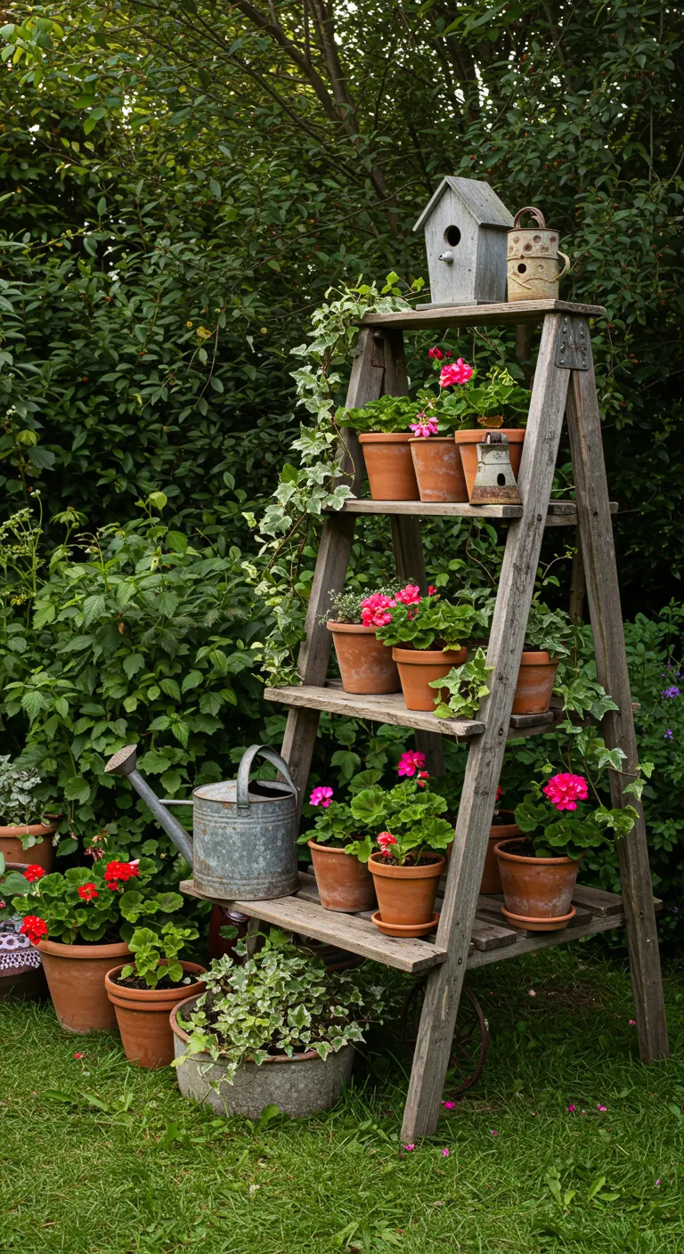 Weathered wooden A-frame ladder with pink geraniums in terracotta pots and a small birdhouse.