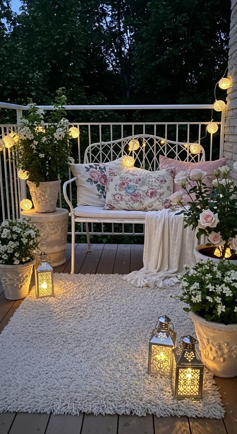A romantic white balcony with a shag rug, wrought-iron bench, floral pillows, and roses.