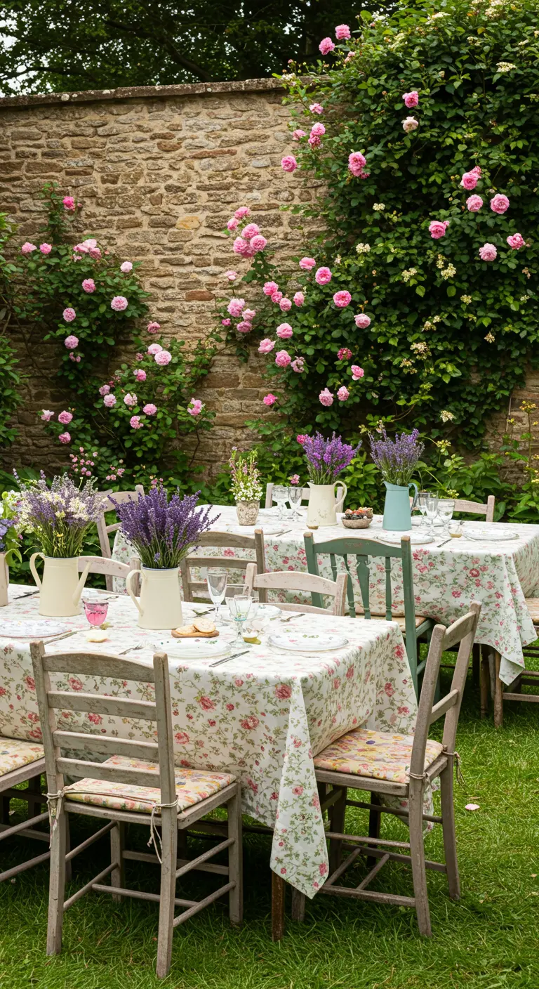 Tables set for a garden party with floral tablecloths in front of a stone wall with climbing roses.