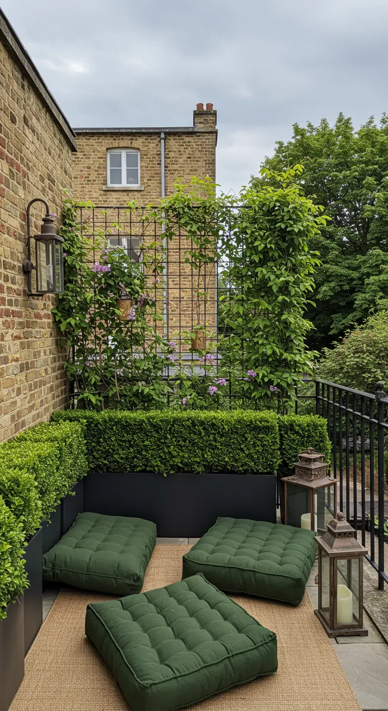 An elegant balcony with boxwood hedges in black planters, climbing flowers, and green cushions.