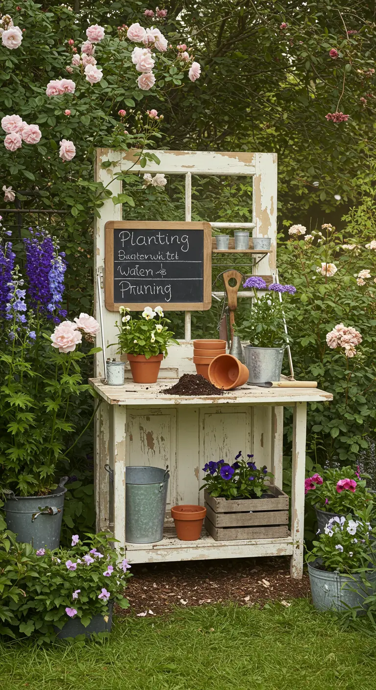 A shabby-chic white door potting station surrounded by a lush English-style garden.