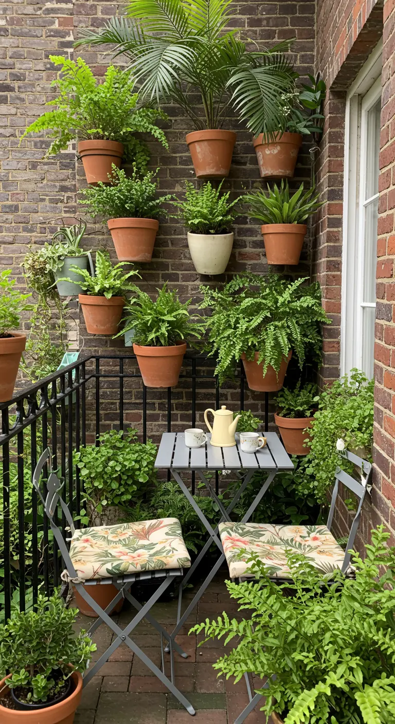 A brick balcony wall adorned with hanging terracotta pots filled with ferns.