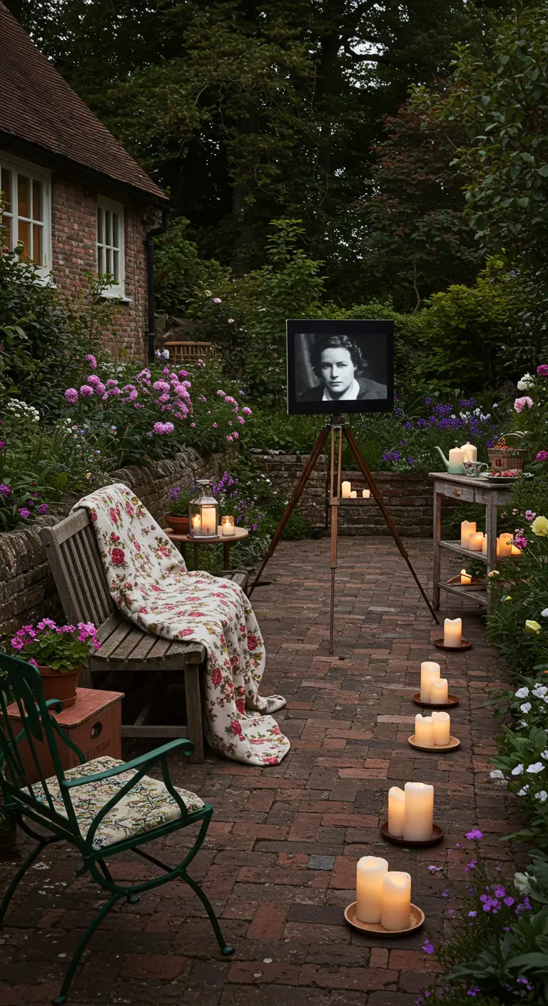 A romantic cottage garden path lit by candles leading to a bench with a floral blanket.