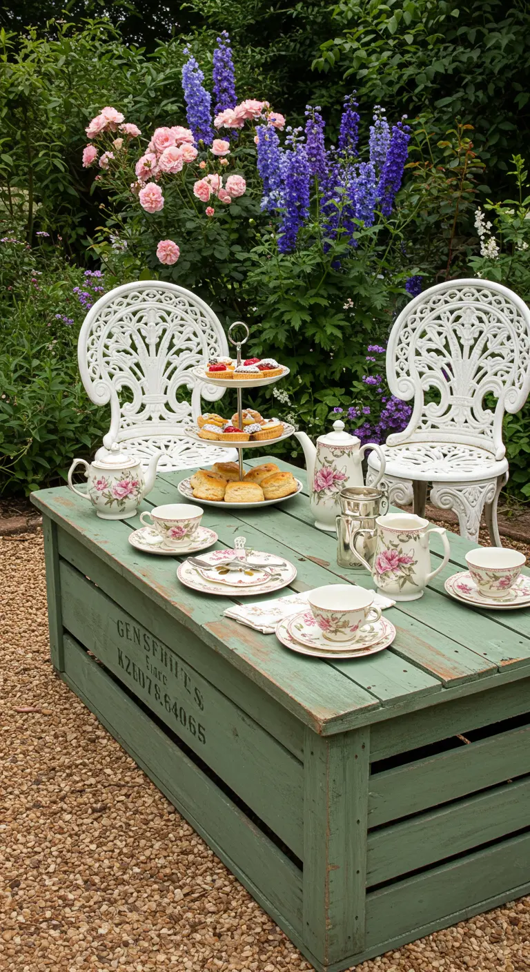 Sage green painted crate table set for tea in an English cottage garden.