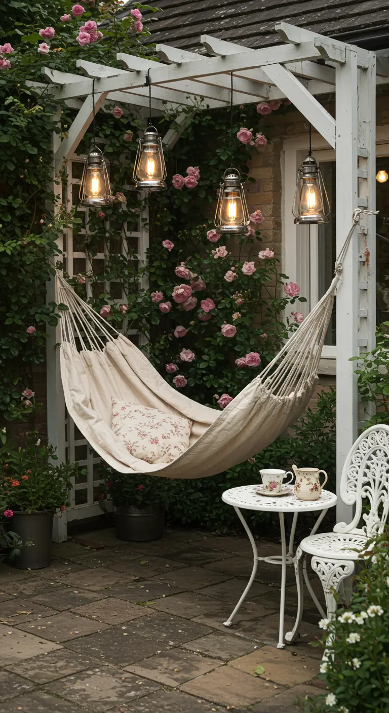 A cream hammock under a white pergola covered in pink roses, lit by lantern-style lights.