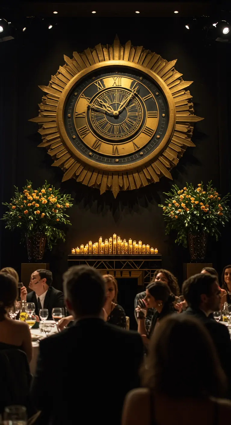 A giant gold sunburst Art Deco clock on a black wall above a mantel with candles.