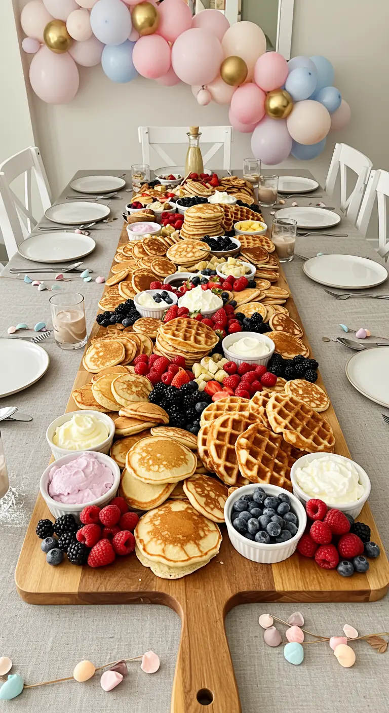 A long wooden board laden with pancakes, waffles, fresh berries, and bowls of cream.