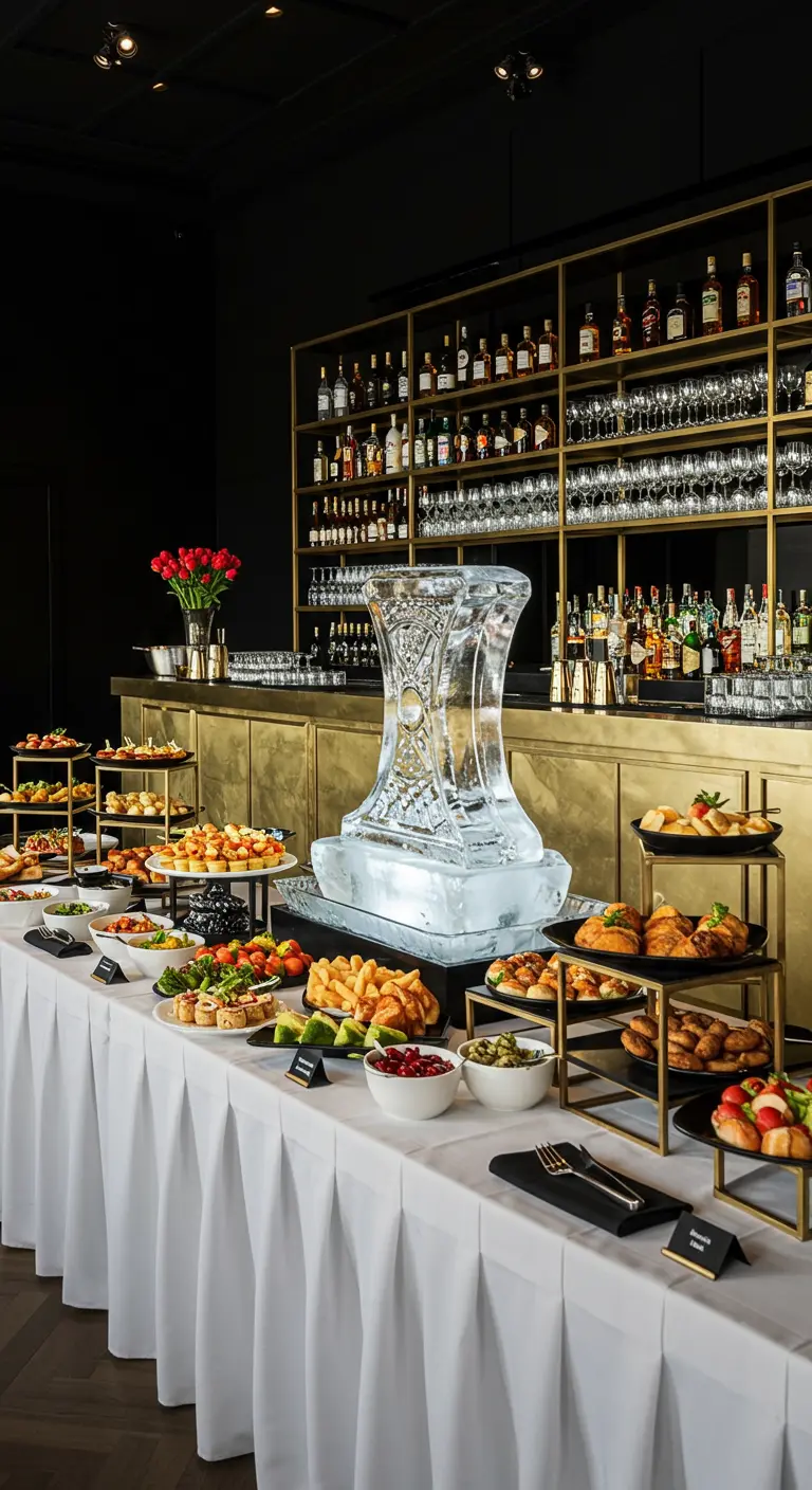 Lavish buffet table with an ice sculpture centerpiece and a fully stocked gold bar.