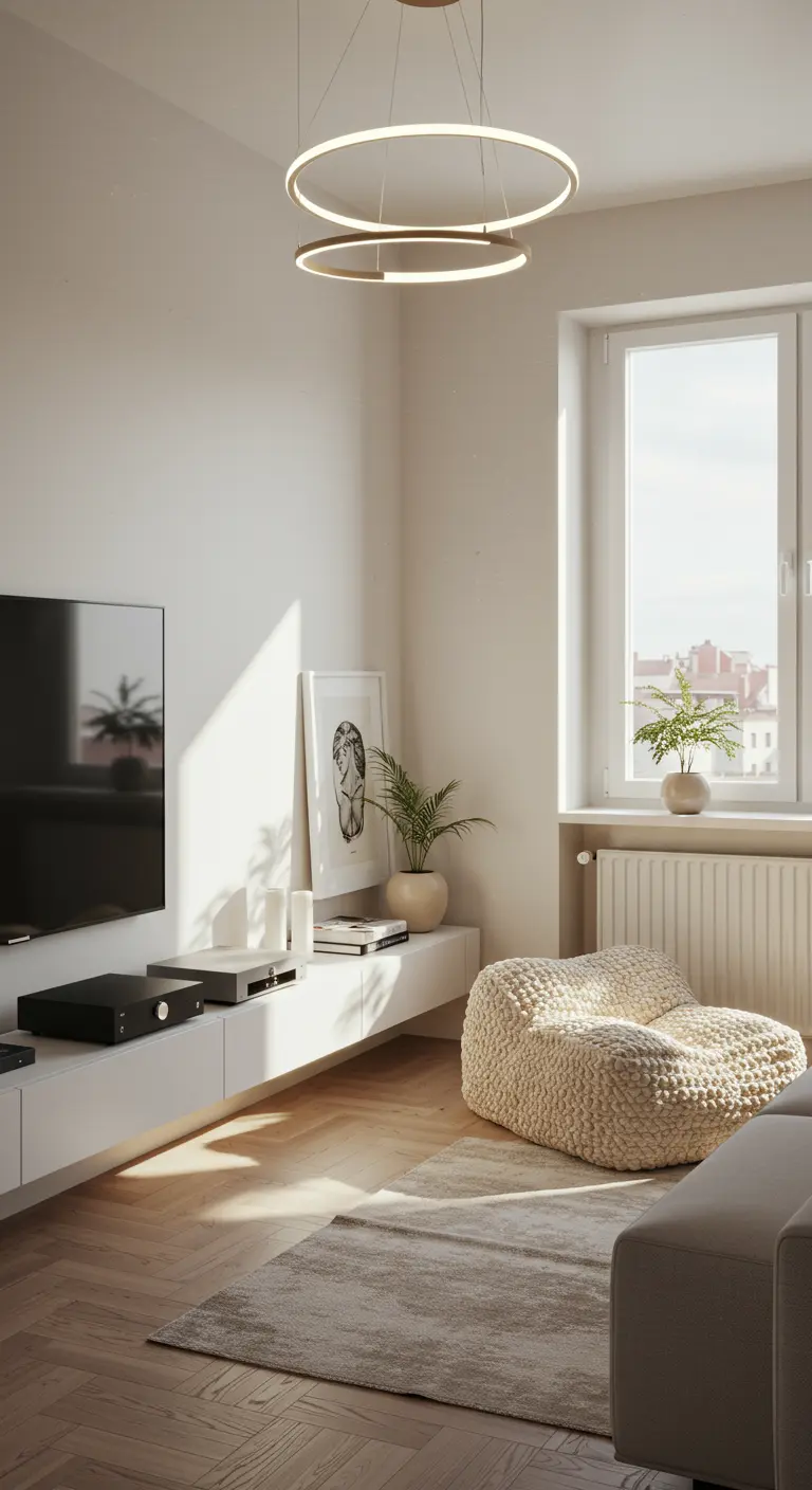 Minimalist living room with a low white media console, a woven lounge chair, and a circular pendant light.