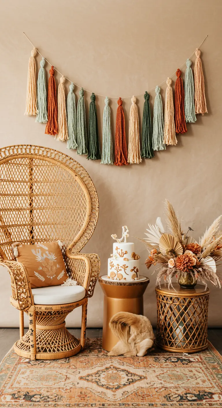 A multi-colored yarn tassel garland above a boho-style peacock chair