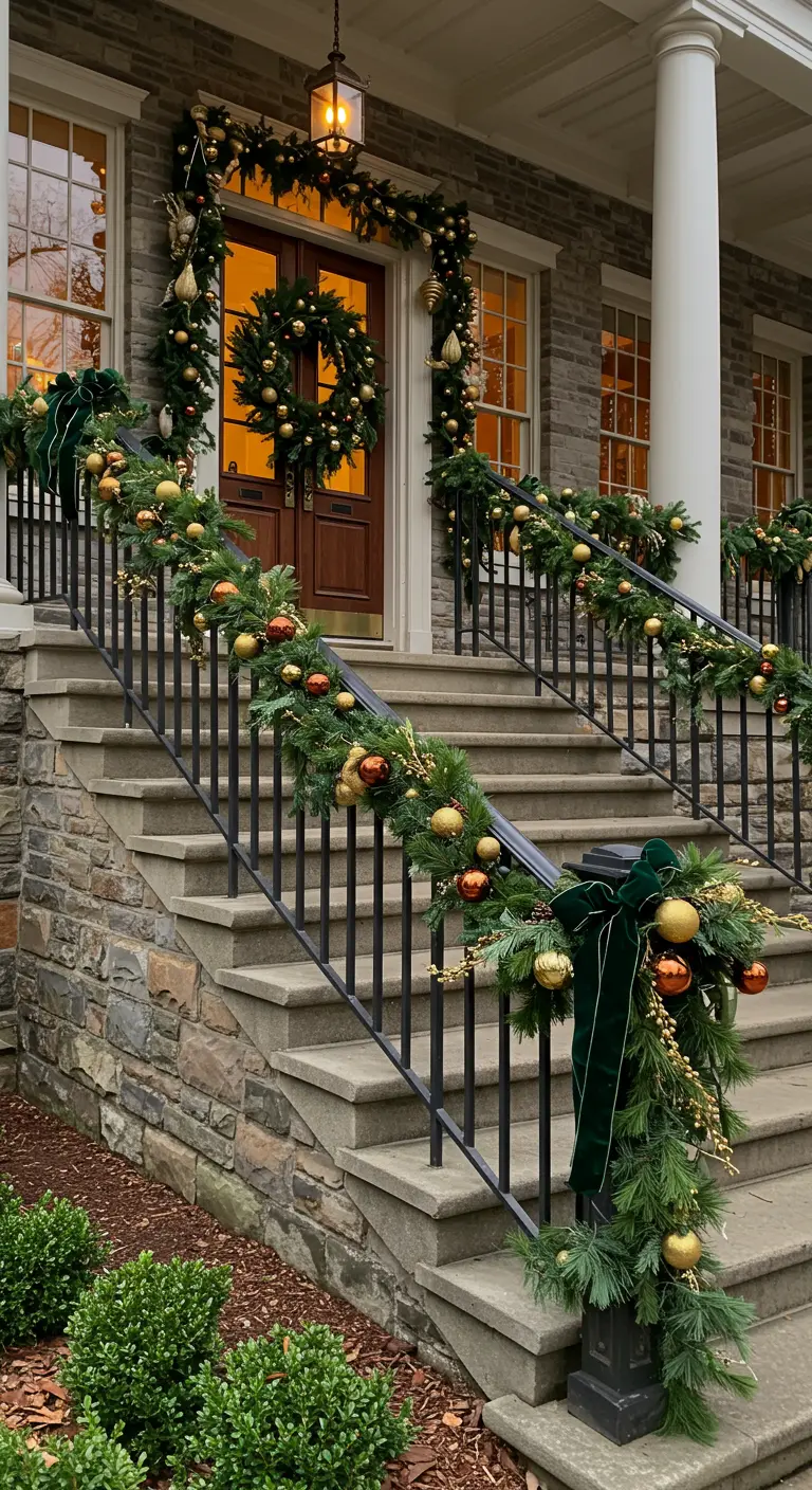 Grand stone staircase with black railings decorated in green velvet bows and metallic ornaments.