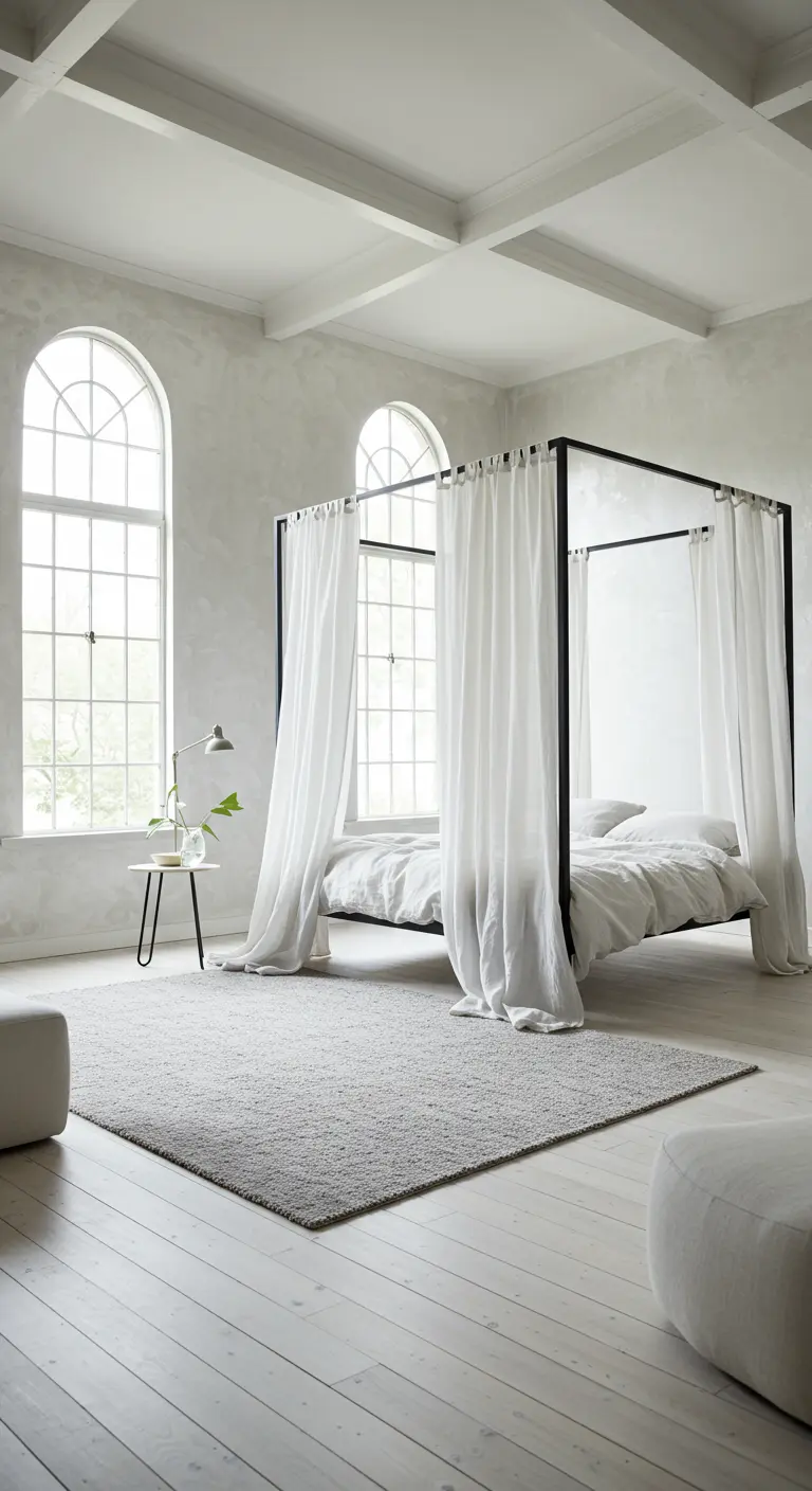 White bedroom with a black canopy bed draped in sheer white curtains and arched windows.