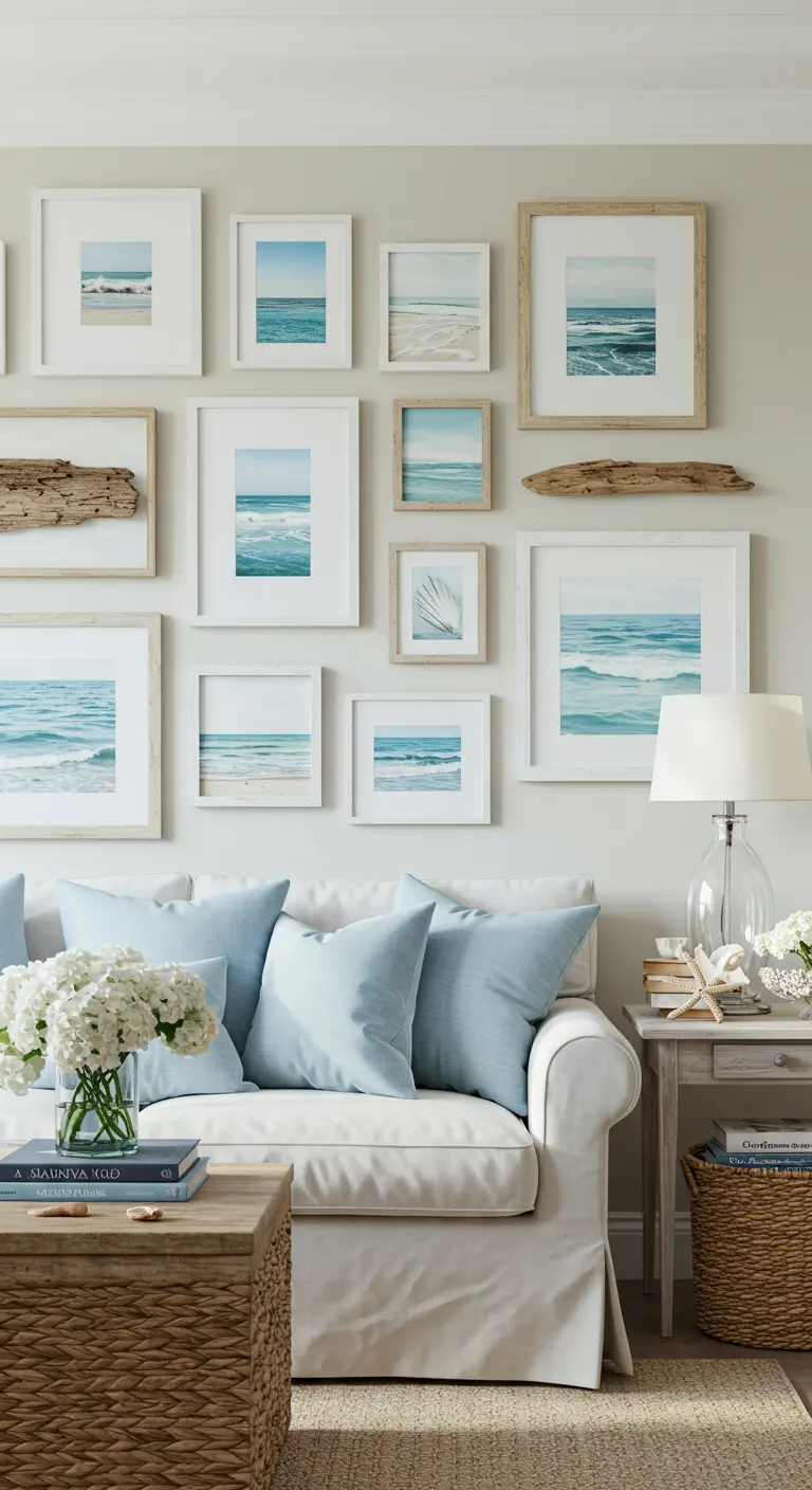 A coastal-themed gallery wall with ocean prints and driftwood above a white sofa.