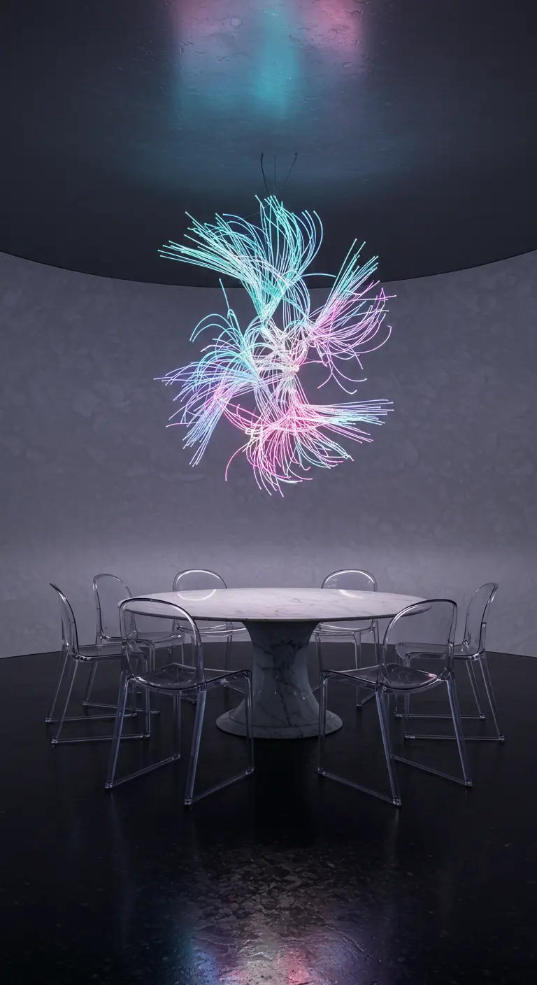 Minimalist dining room with a marble table, acrylic chairs, and a fiber-optic light sculpture.
