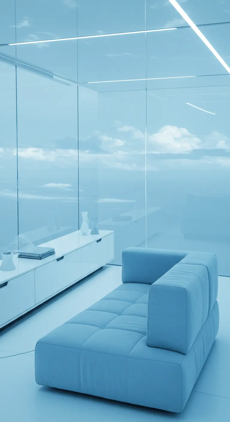 A pale blue chaise lounge in a futuristic room with glass walls and blue light.