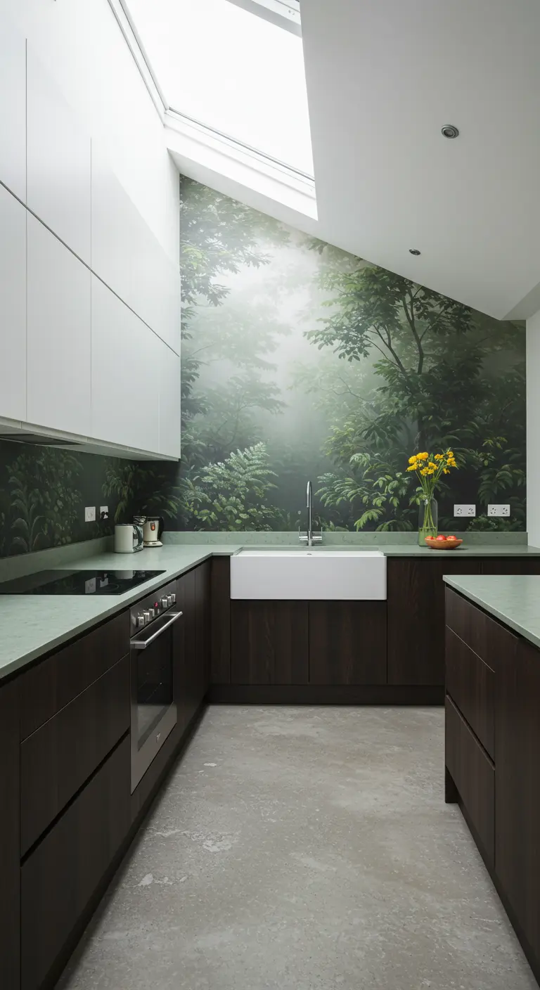 Kitchen with a misty forest mural on a slanted wall above dark wood cabinets.