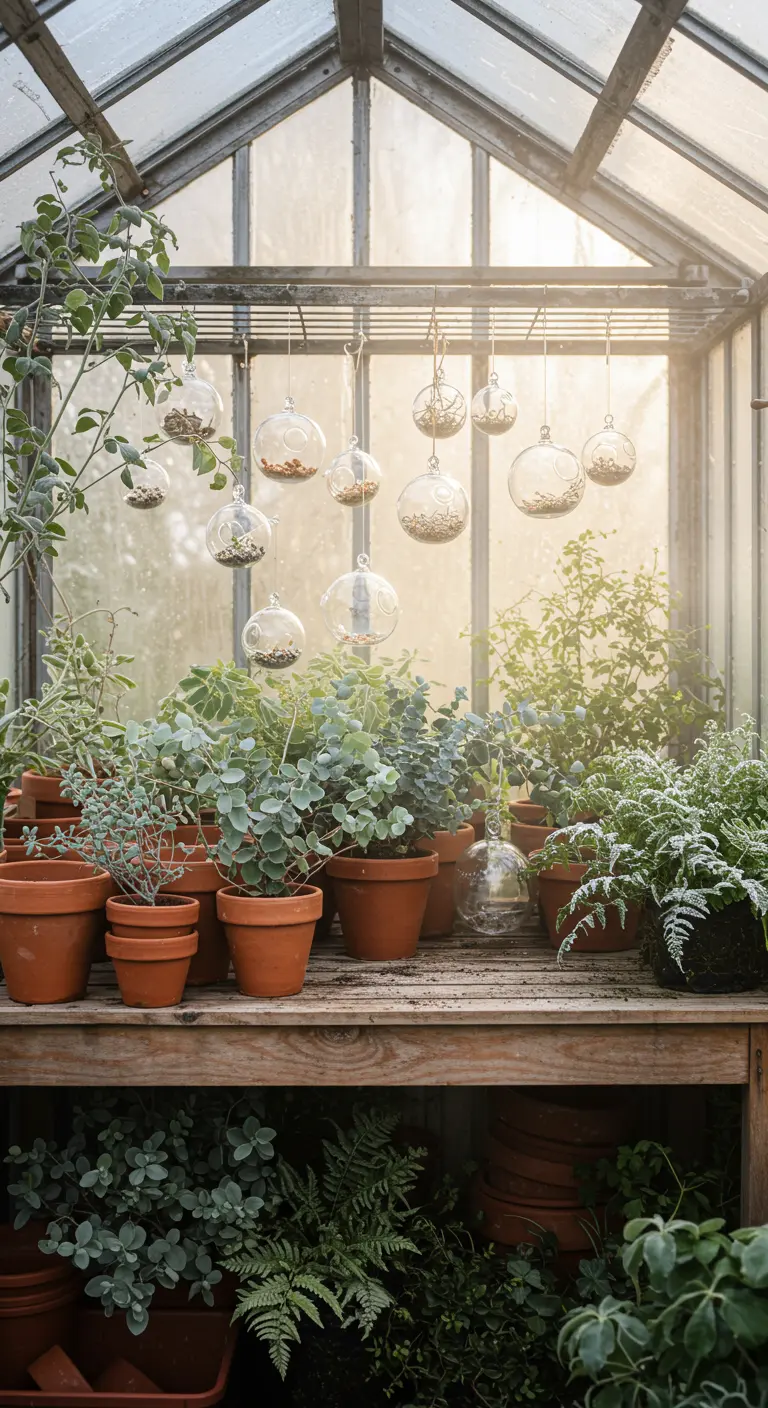 A greenhouse shelf with potted plants and hanging glass terrarium baubles.