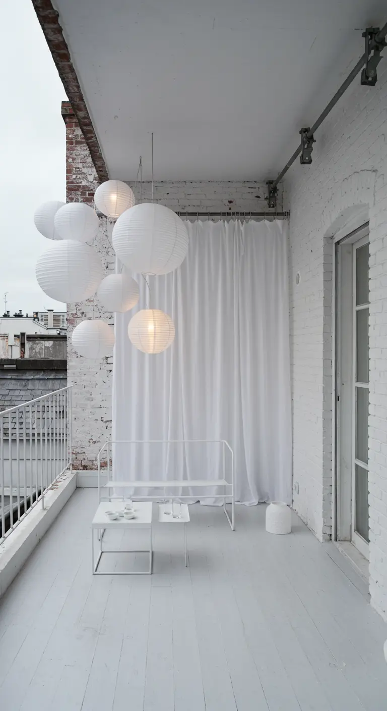 A white balcony with minimalist furniture, decorated with a cluster of hanging paper lanterns.