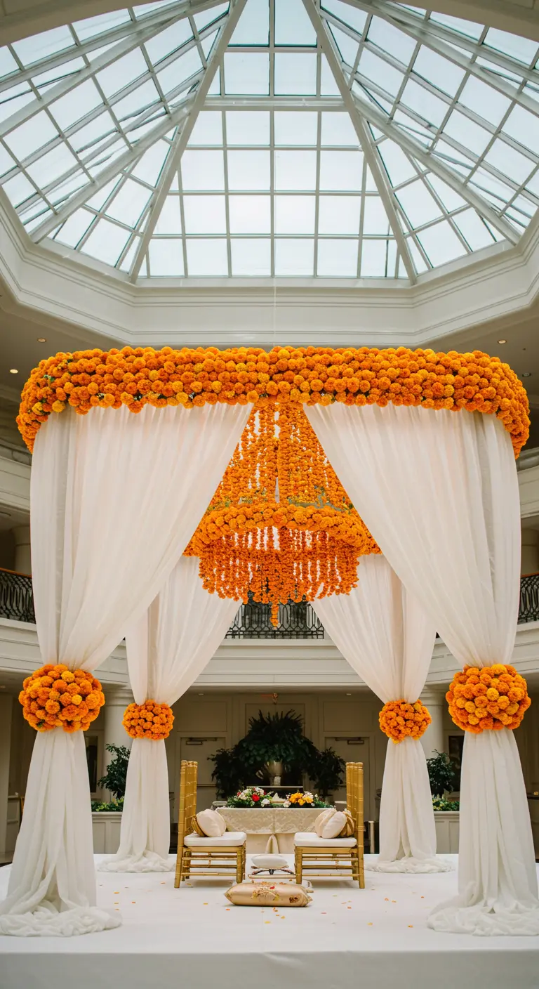 A grand wedding mandap with white drapes and a massive marigold chandelier in the center.