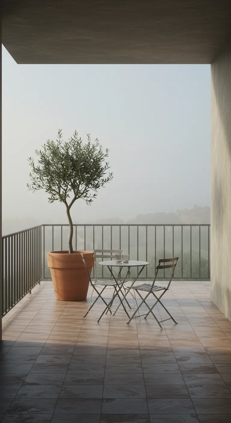 A minimalist balcony with an olive tree and bistro set on a quiet, foggy morning.