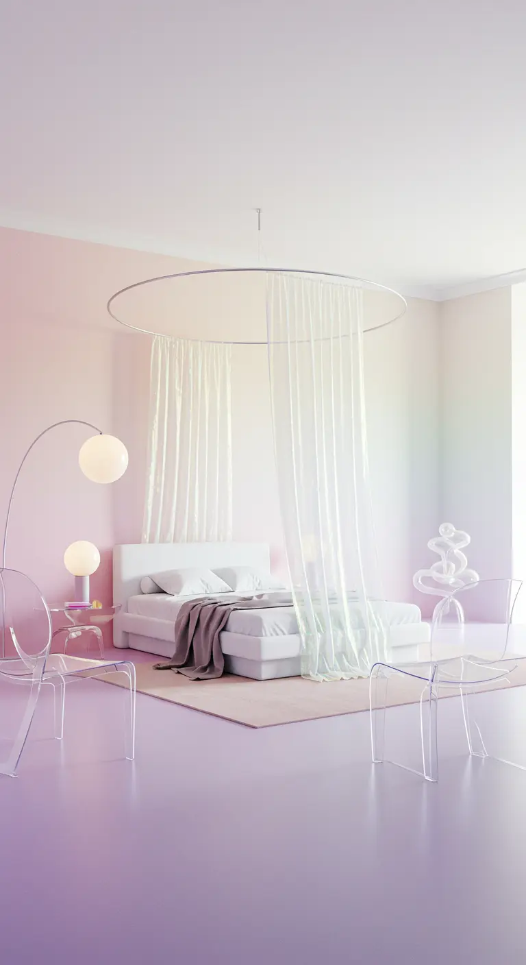Minimalist bedroom with a pink and purple ombre floor and transparent chairs.