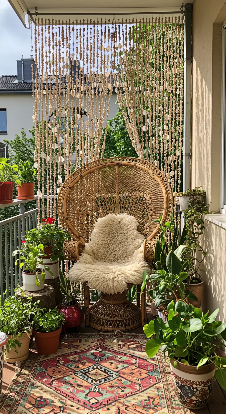 A curtain made of hanging shells provides privacy for a boho-style balcony.