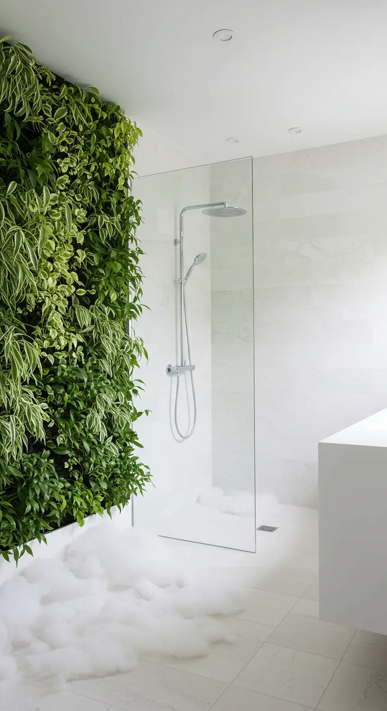 Minimalist white bathroom with a variegated living wall and mist on the floor.