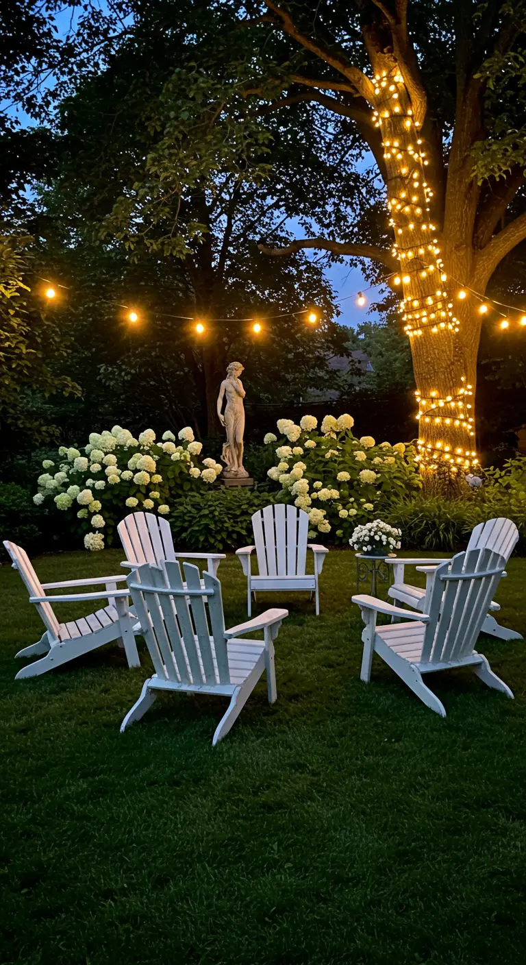A garden at night with string lights, white chairs, and an illuminated statue among hydrangeas.