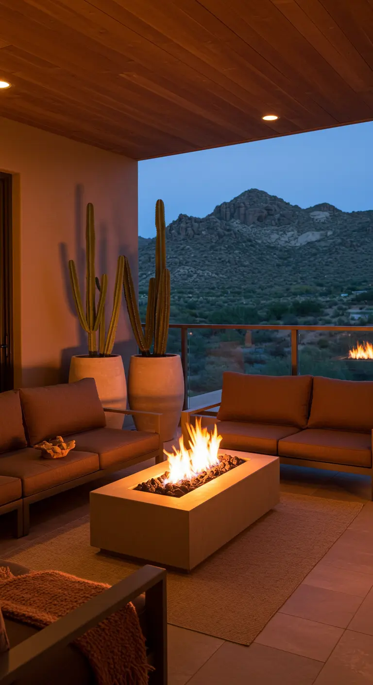 A balcony at night with a modern fire pit and deep seating overlooking mountains.
