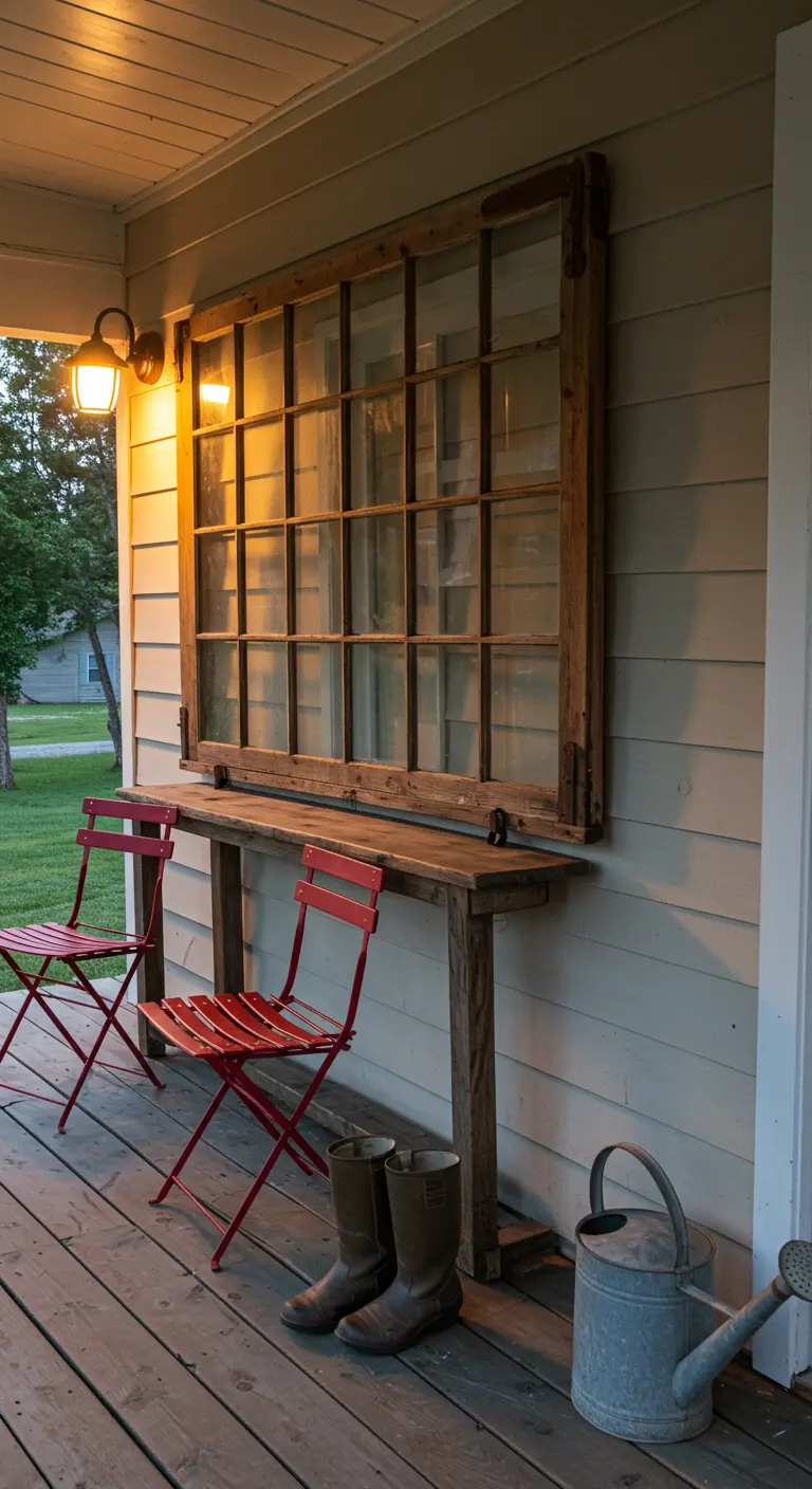 A large window frame is mounted on a porch wall with a shelf, creating a bar for red bistro chairs.