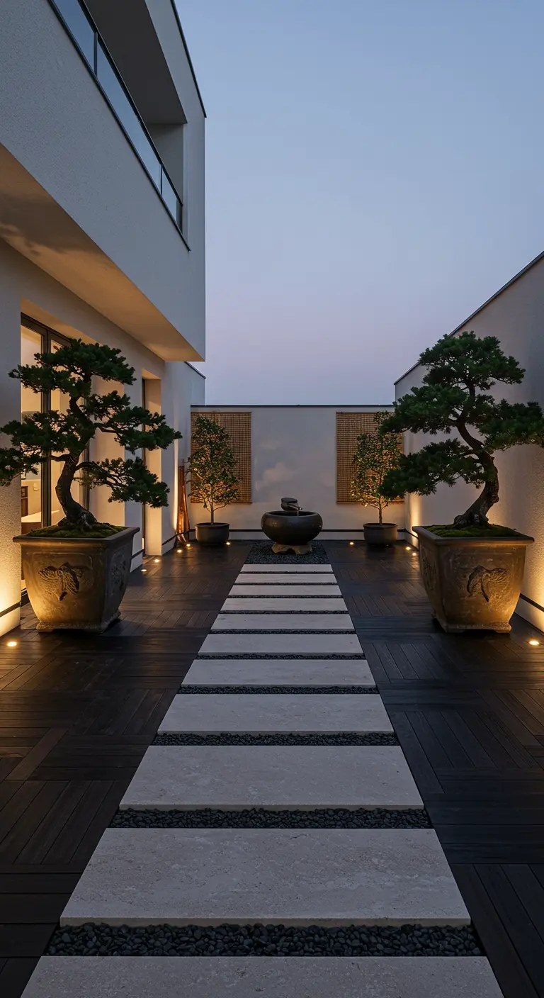 Long balcony with dark wood floors, lit bonsais, and a stepping stone path to a fountain.