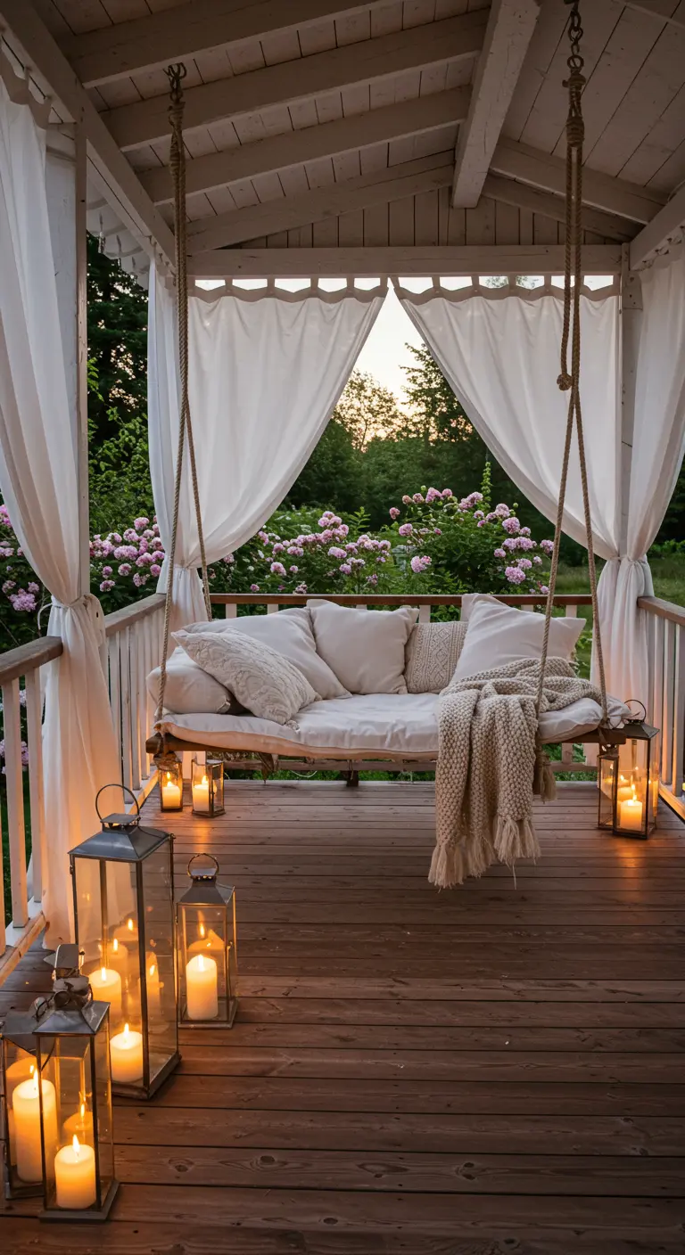 A covered porch with a hanging swing bed, white curtains, and numerous lanterns.