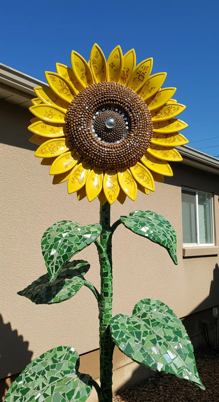 A very large mosaic sunflower sculpture with yellow petals, a textured brown center, and green leaves.