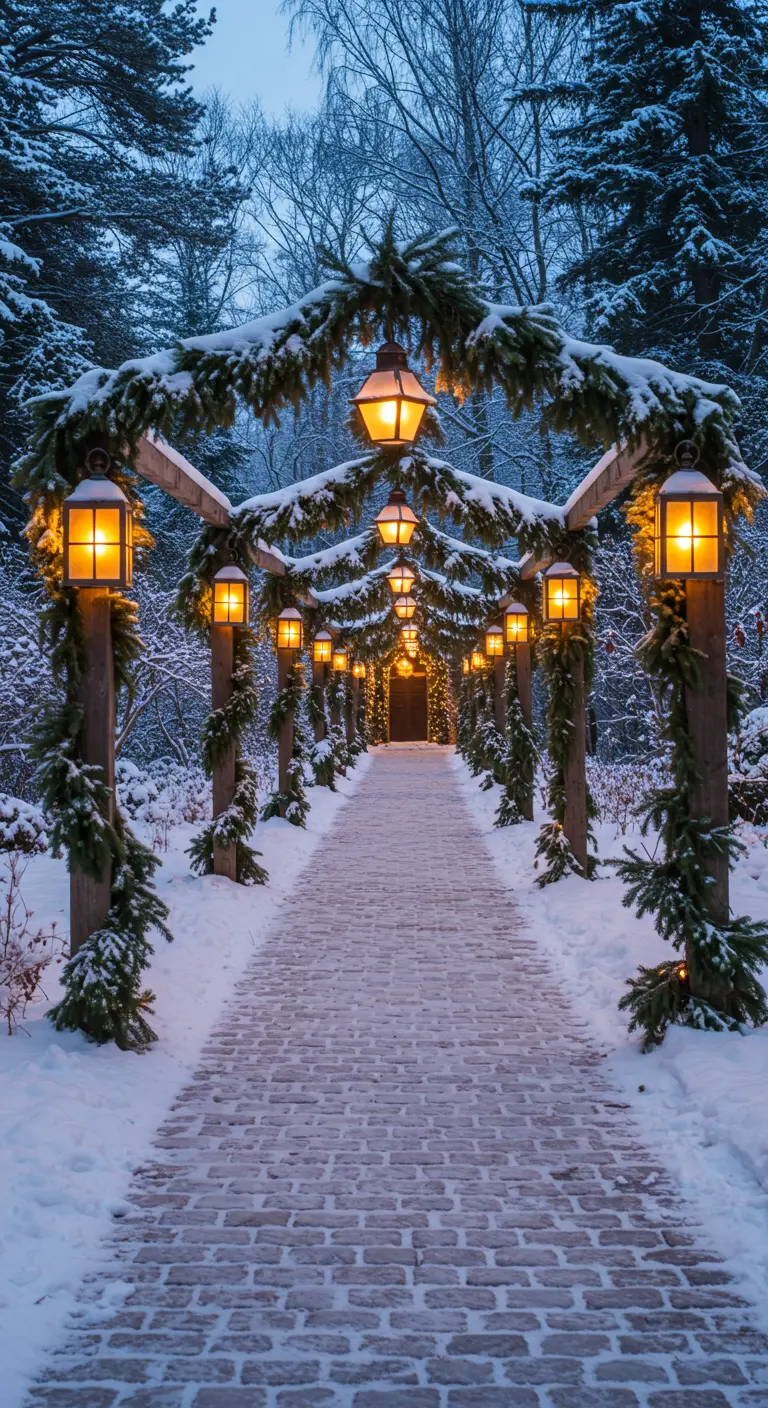 Snow-covered pergola walkway with glowing lanterns and spruce boughs.