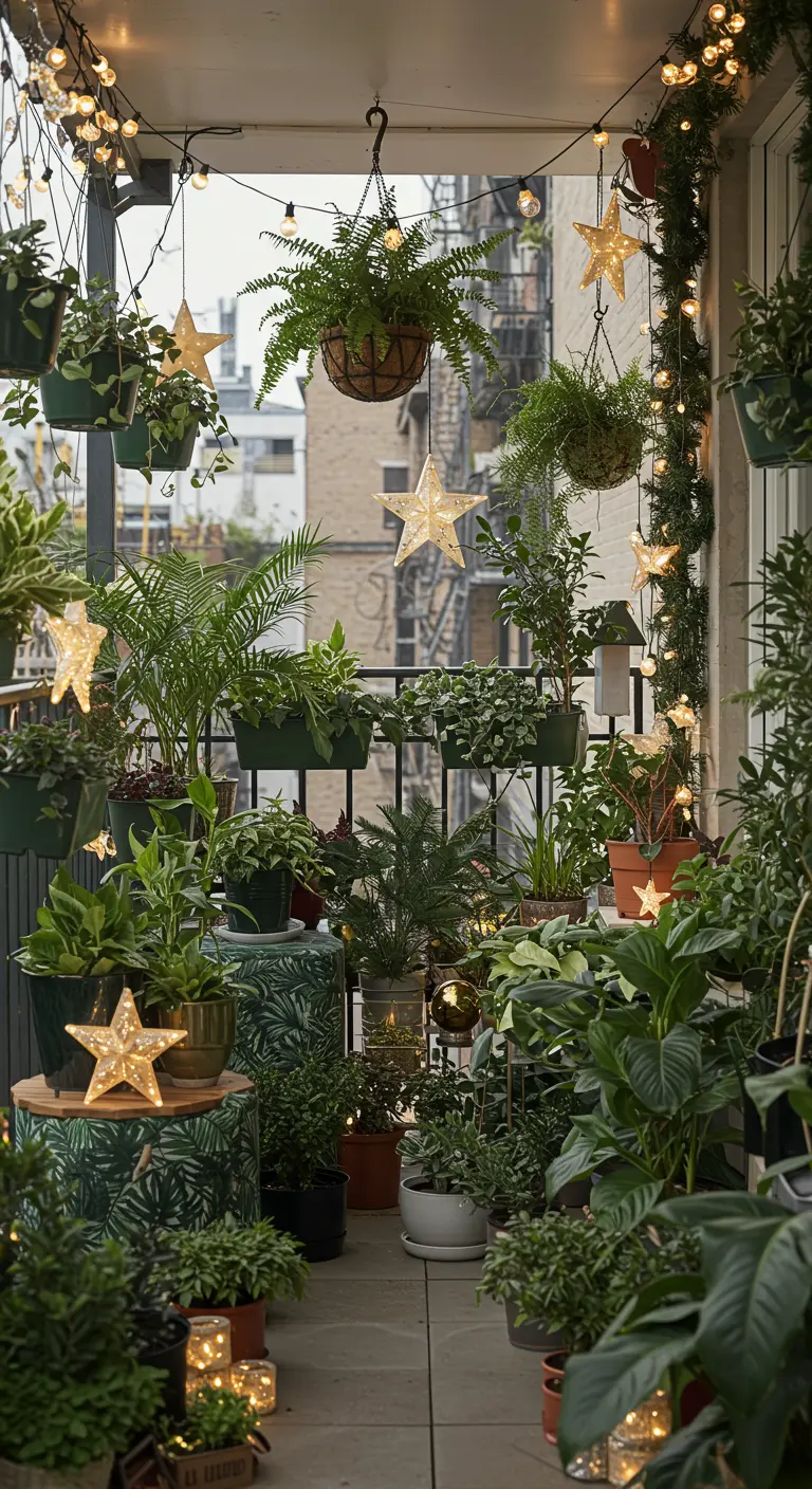 A balcony crowded with many different green plants, hanging baskets, and glowing star lights.