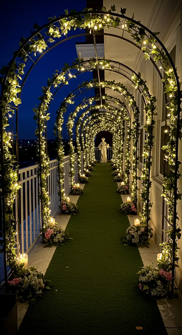 A long balcony turned into a tunnel of light with illuminated arches wrapped in ivy.