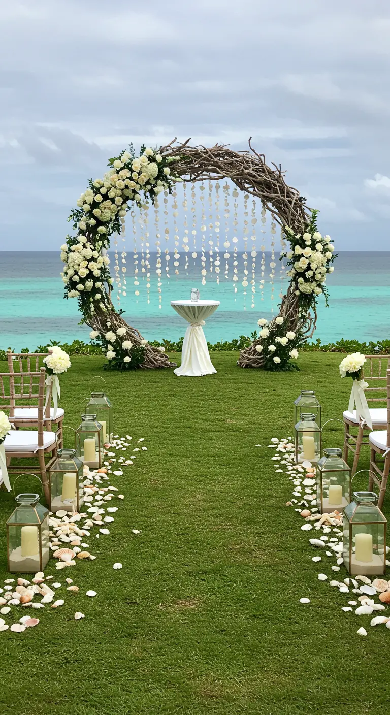 Circular driftwood wedding arch with white flowers overlooking the ocean.