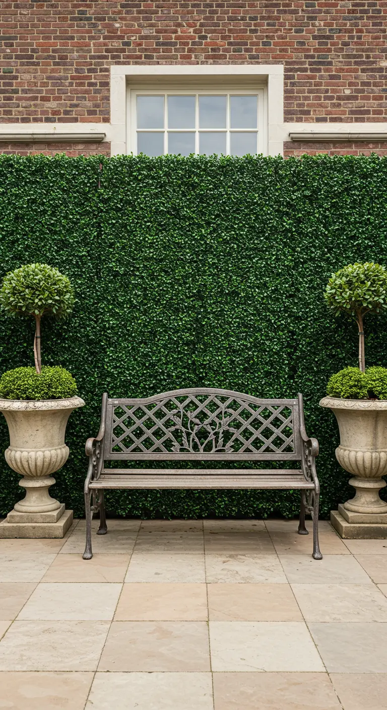 An artificial boxwood hedge wall behind an ornate metal bench and two topiaries.