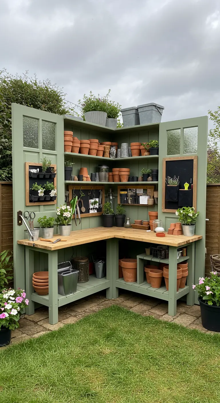A large, L-shaped potting station made from two green doors, built into a garden corner.
