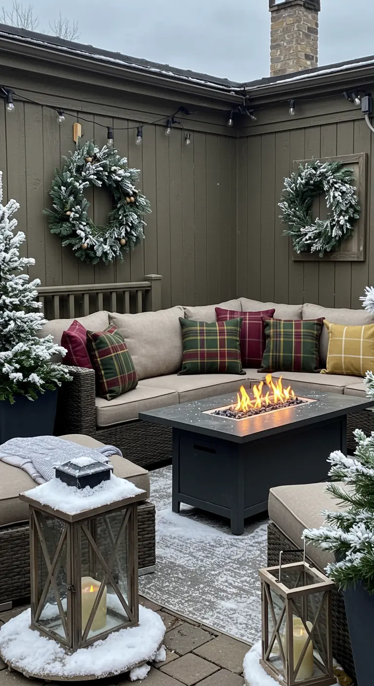 Spacious patio with a sectional sofa, plaid pillows, a fire table, and Christmas wreaths.